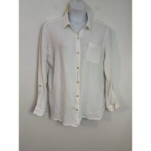 Anne Klein Shirt White Button Down Gold Buttons Gauzy Beachy Roll Tab XL EUC
